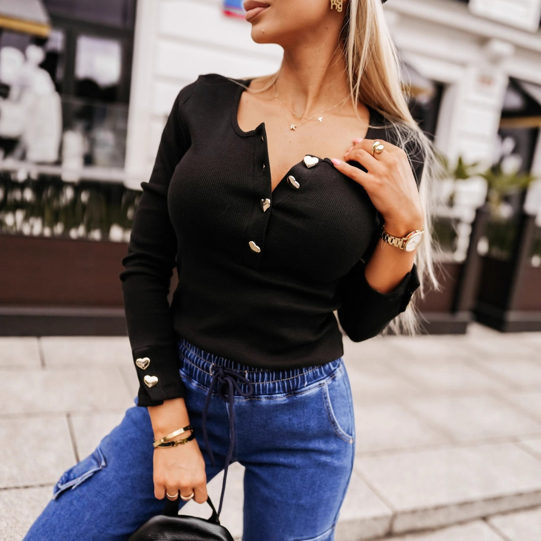 Women's Heart-shaped Button Long Sleeve U Collar Top