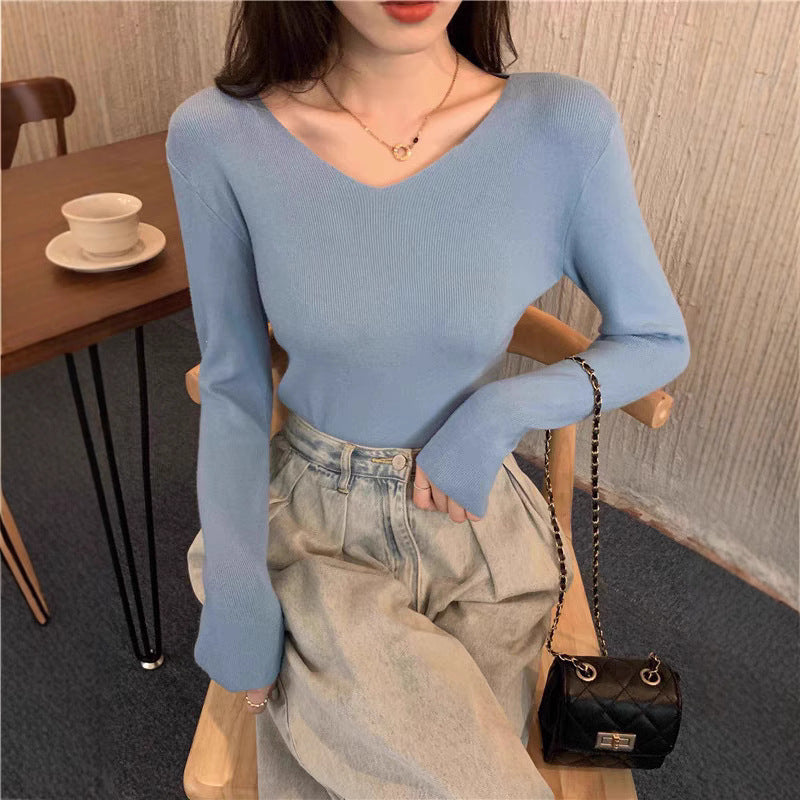 Core-spun Yarn Slim V-neck Long Sleeve Inner Wear Sweater