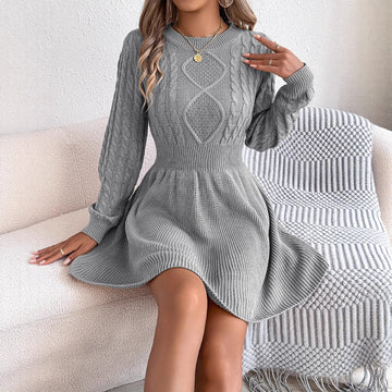 Solid Color Twist Fitted Waist Lantern Long Sleeve Sweater Dress