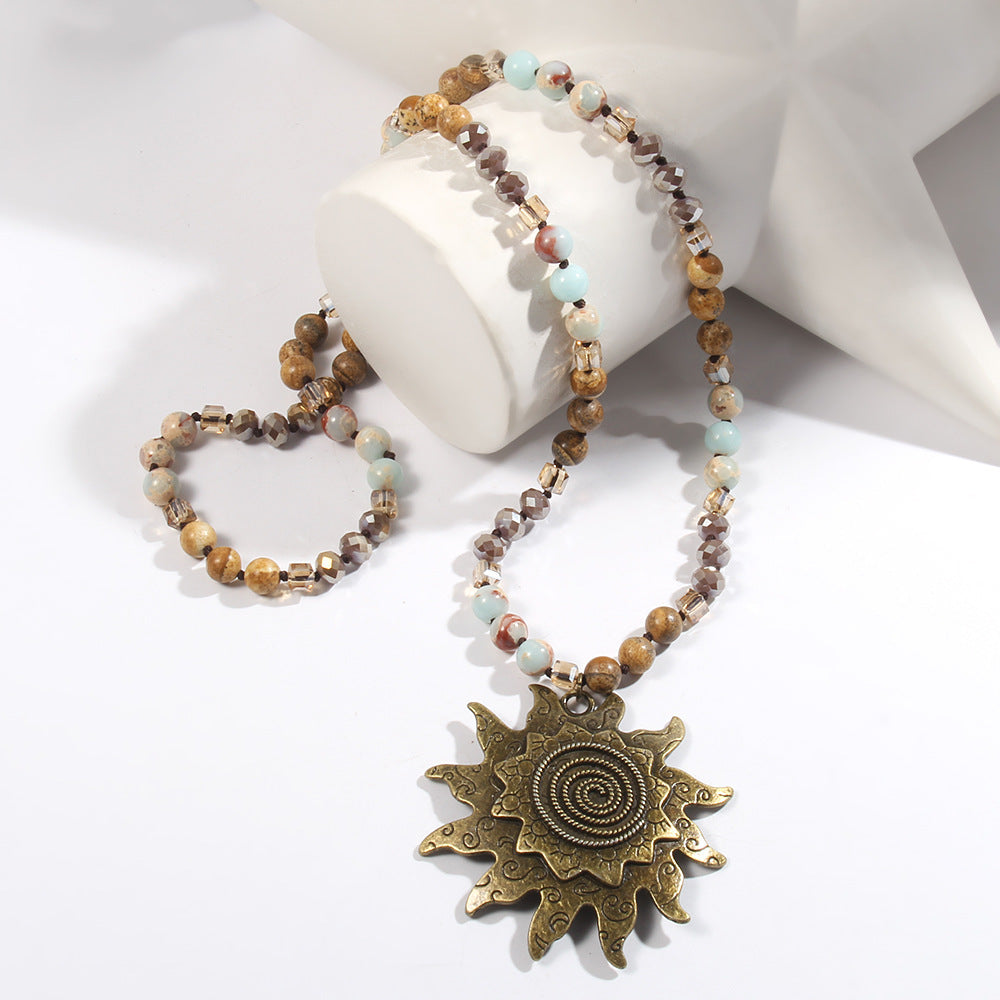 Glass Knotted Necklace Ancient Cyan Sun Pendant Necklace Sweater Chain