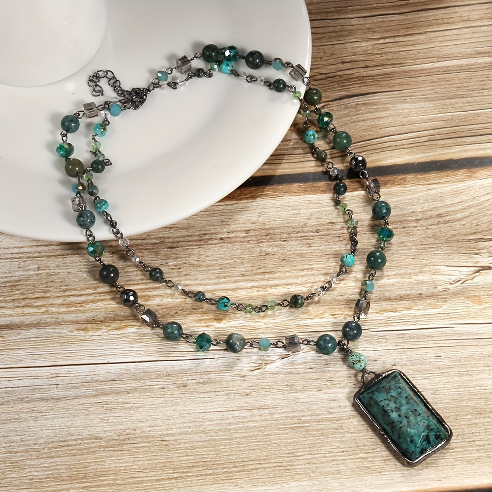 Natural Stone Glass Curved Needle Gun Black Chain 2-layer Necklace Square Cut Stone