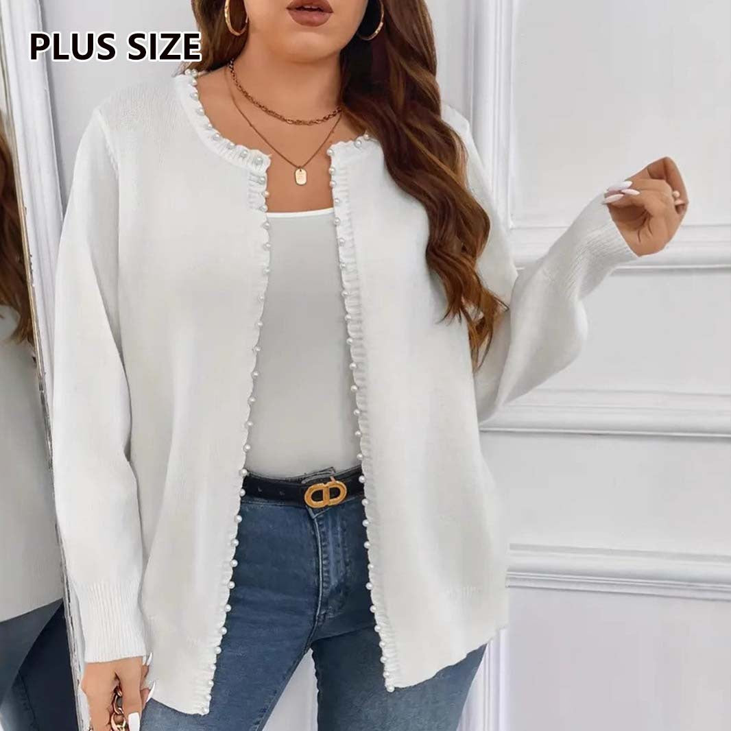 Solid Color Pearl Trim Long Sleeve Cardigan Plus Size Knitwear