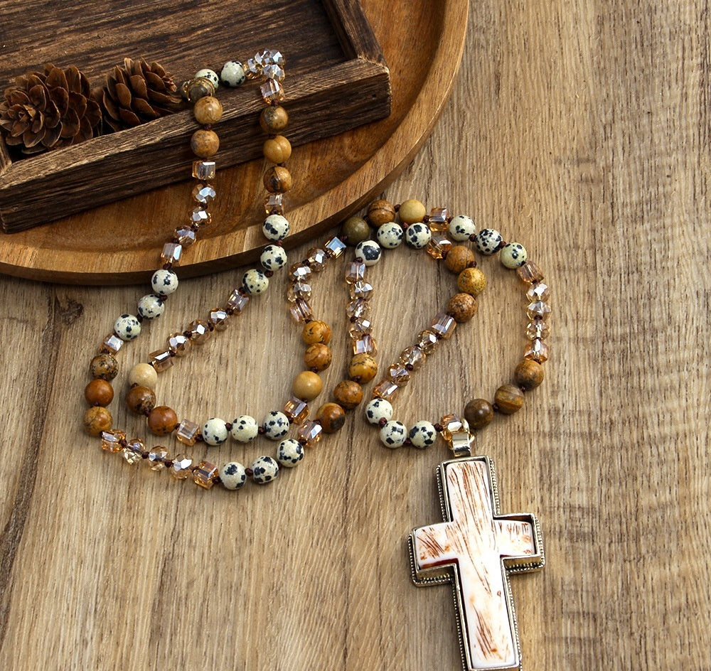 Glass Knotted Resin Cross Pendant Necklace Sweater Chain