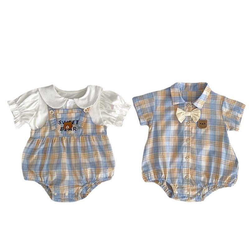 Baby Short Sleeve Two-piece Thin Bear Plaid Romper Climbing Clothing