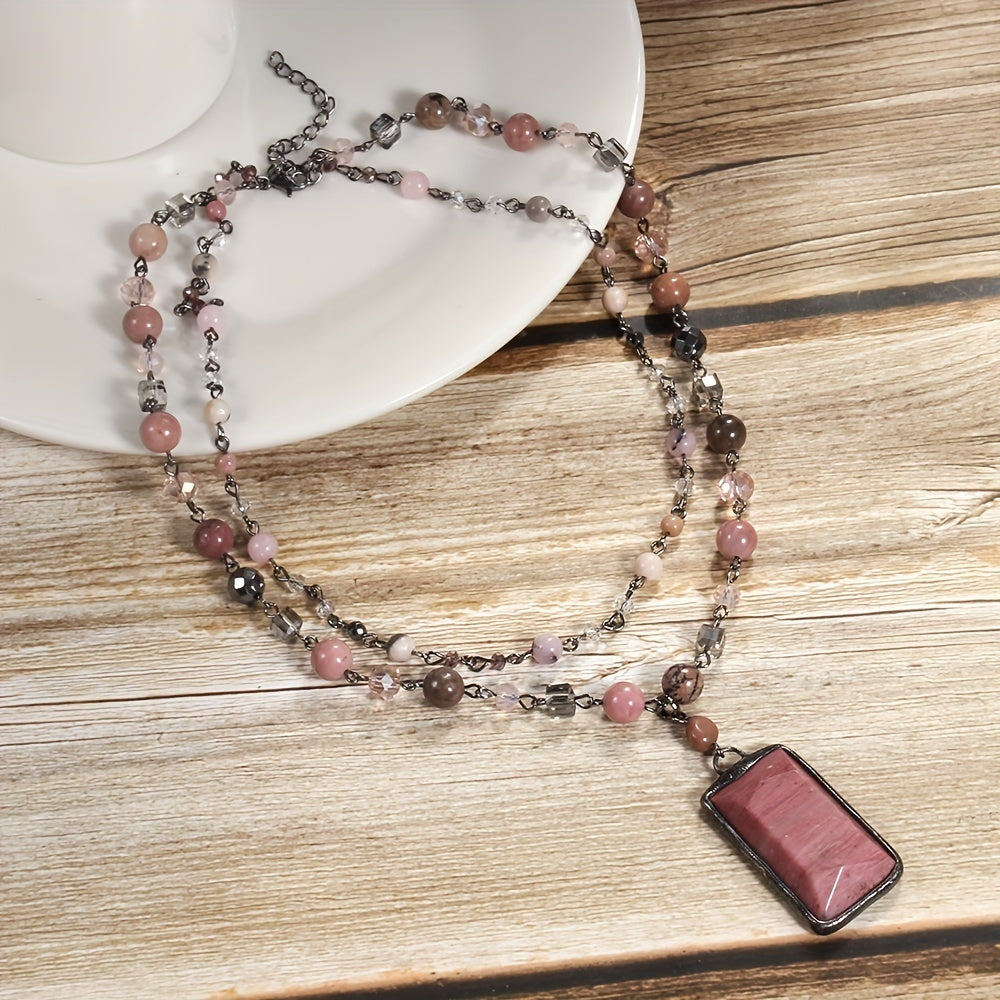 Natural Stone Glass Curved Needle Gun Black Chain 2-layer Necklace Square Cut Stone
