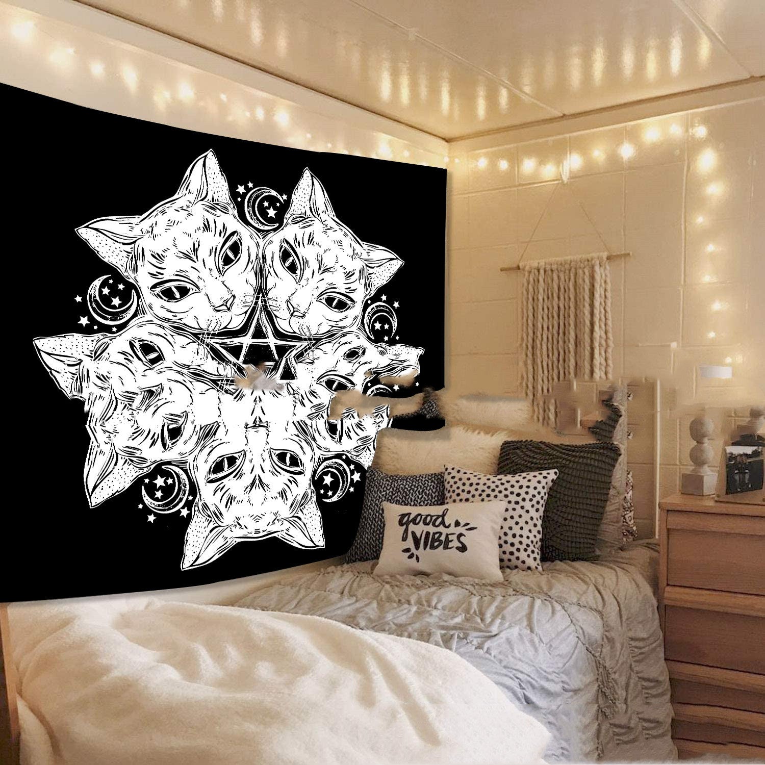 Magic Tapestry Hippie Cat Home Decor Black Cat Head Star