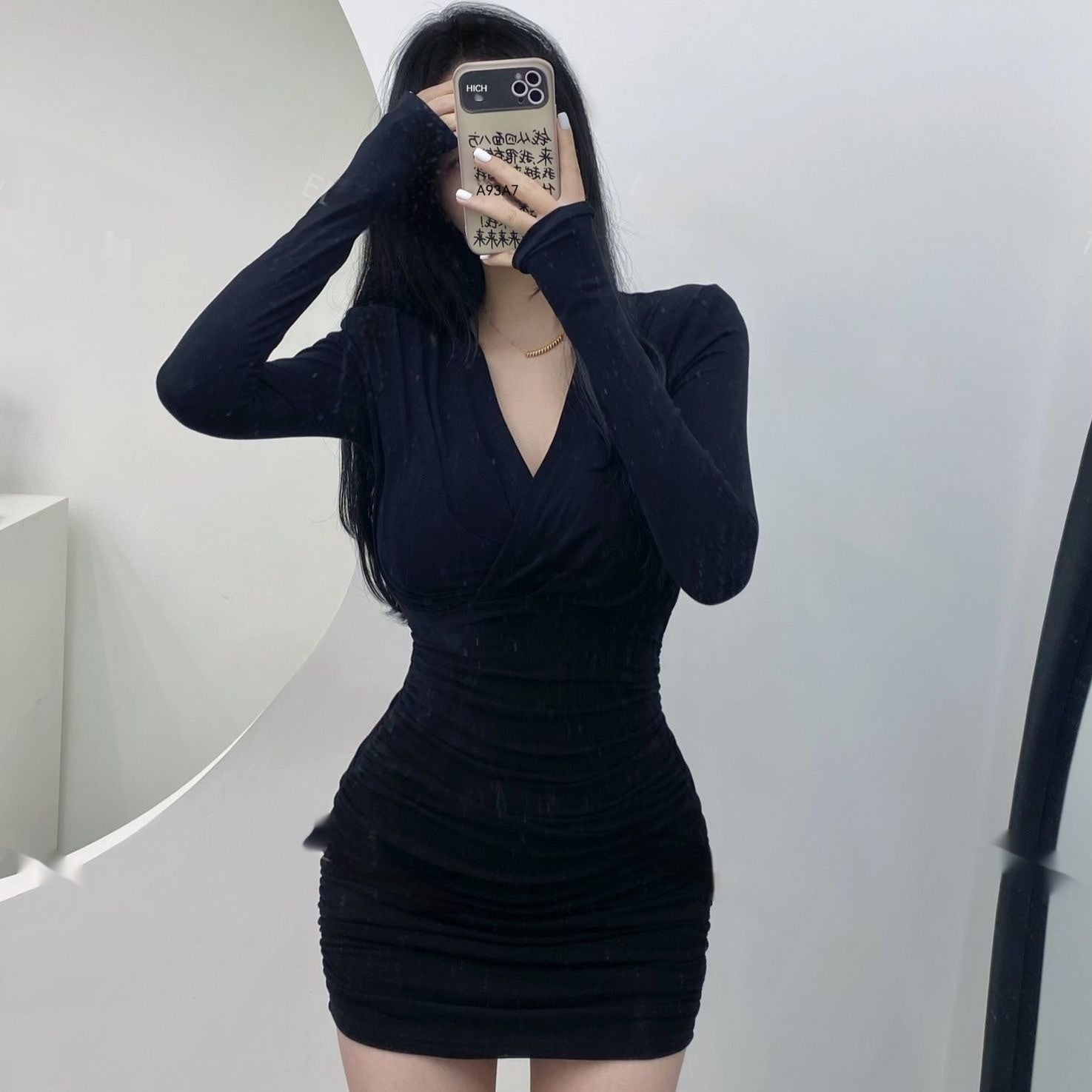 Mature Adult Lady Like Woman Style Stretch Long Sleeve Dress For Women
