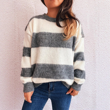 Striped Color Block Knitted Round Neck Chic Casual Loose Sweater