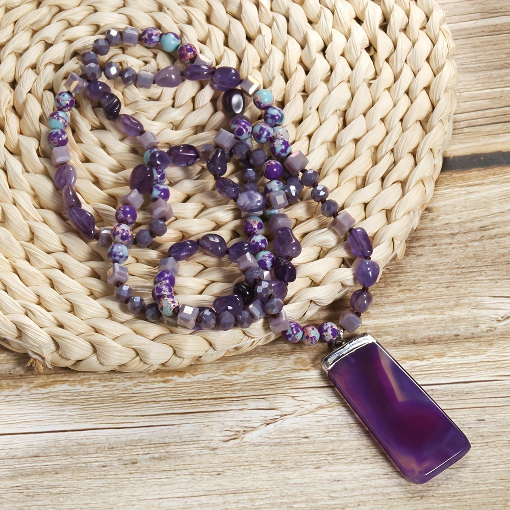 Bohemian Style Natural Semi-precious Stone Mixed Glass Square Agate Pendant Women's Sweater Chain