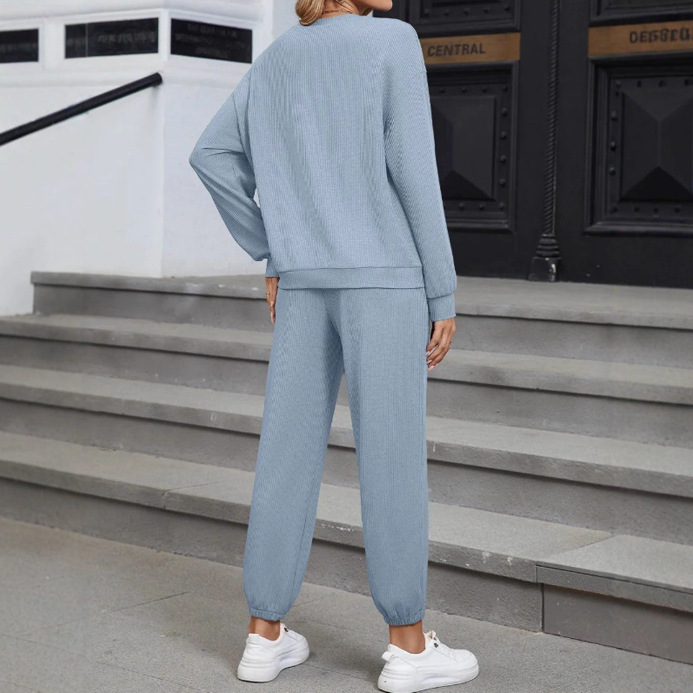 New Solid Color Knitting Belt Pocket Long Sleeve Top And Trousers Two Pieces
