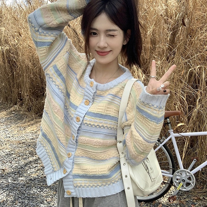 Women's Loose Striped All-matching Knitted Sweater Cardigan Coat