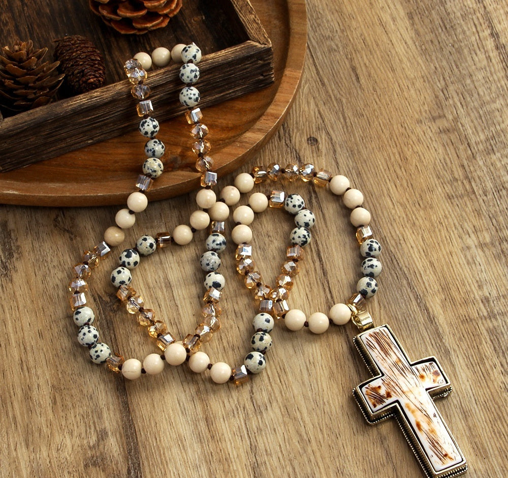 Glass Knotted Resin Cross Pendant Necklace Sweater Chain