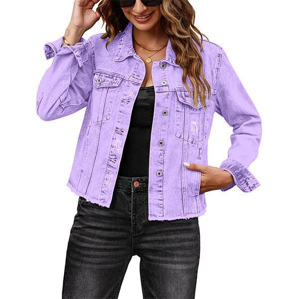 Female Solid Color Casual Embossed Denim Jacket Button Top