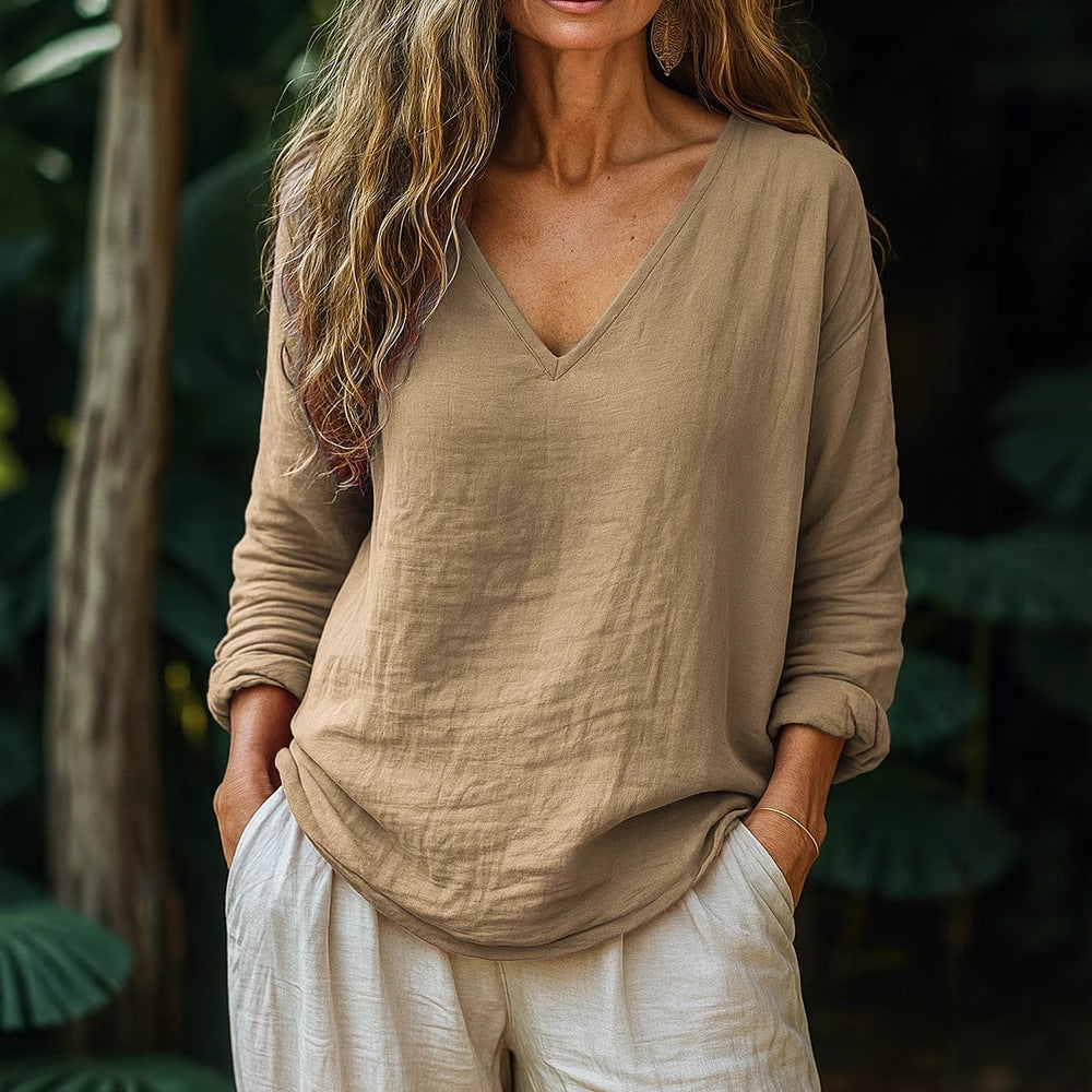 Casual Loose Fashion Cotton And Linen Long-sleeved Top