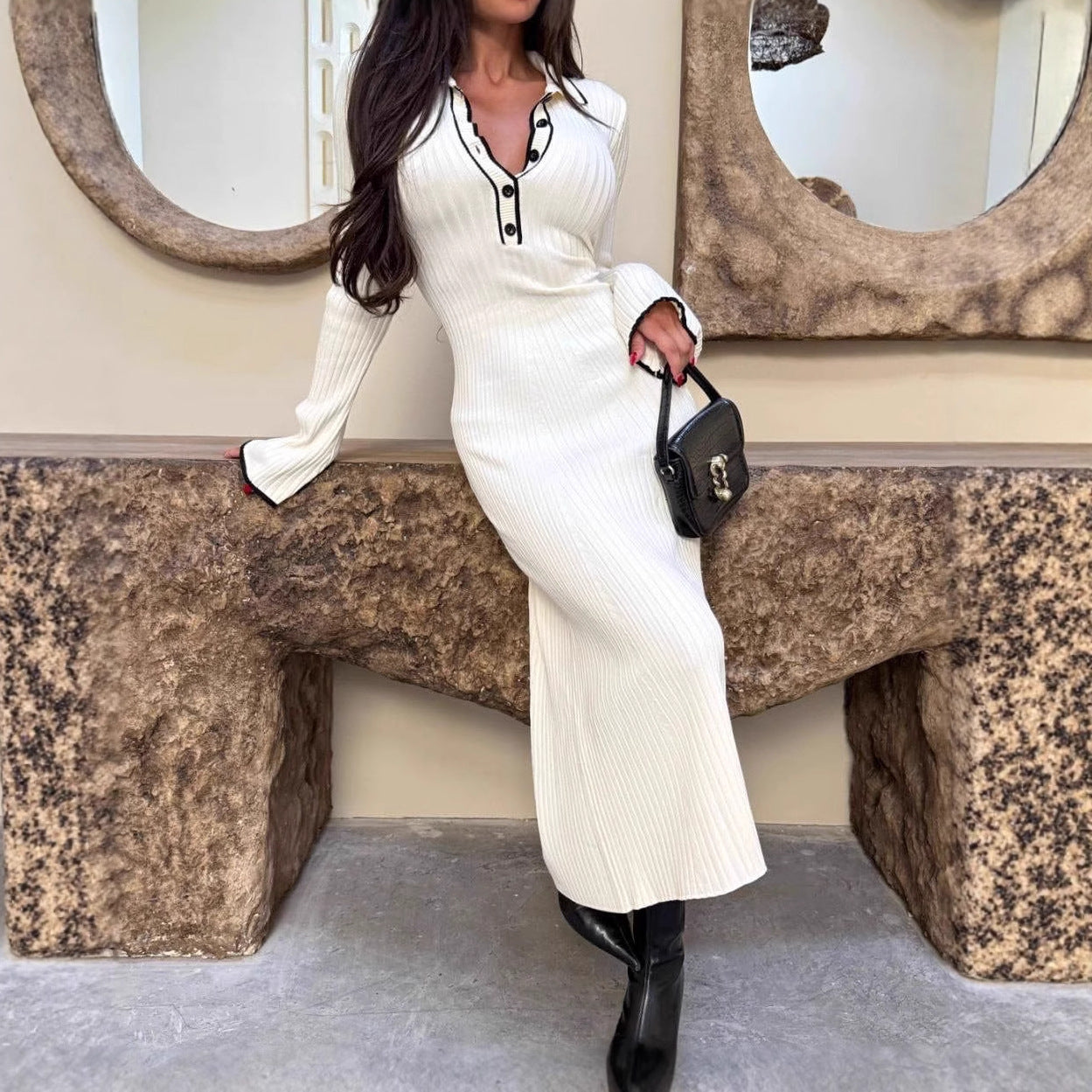 Women's Long-sleeved Lapel Contrast Color Knitted Fallwinter Sweater Dress