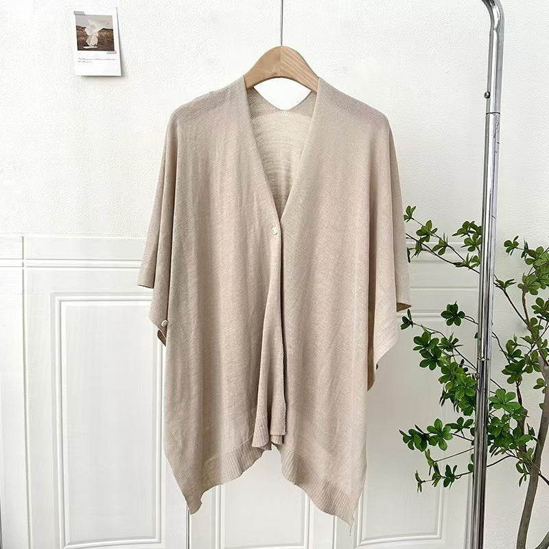 Summer Thin Solid Color Knitted Cardigan With Buckle All-match Cloak Waistcoat