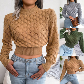 Autumn And Winter 3D Diamond Long-Sleeve Cropped Knit Sweater