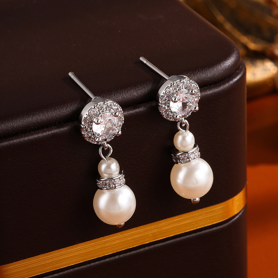 Round Full Diamond Pearl Stud Earrings For Women
