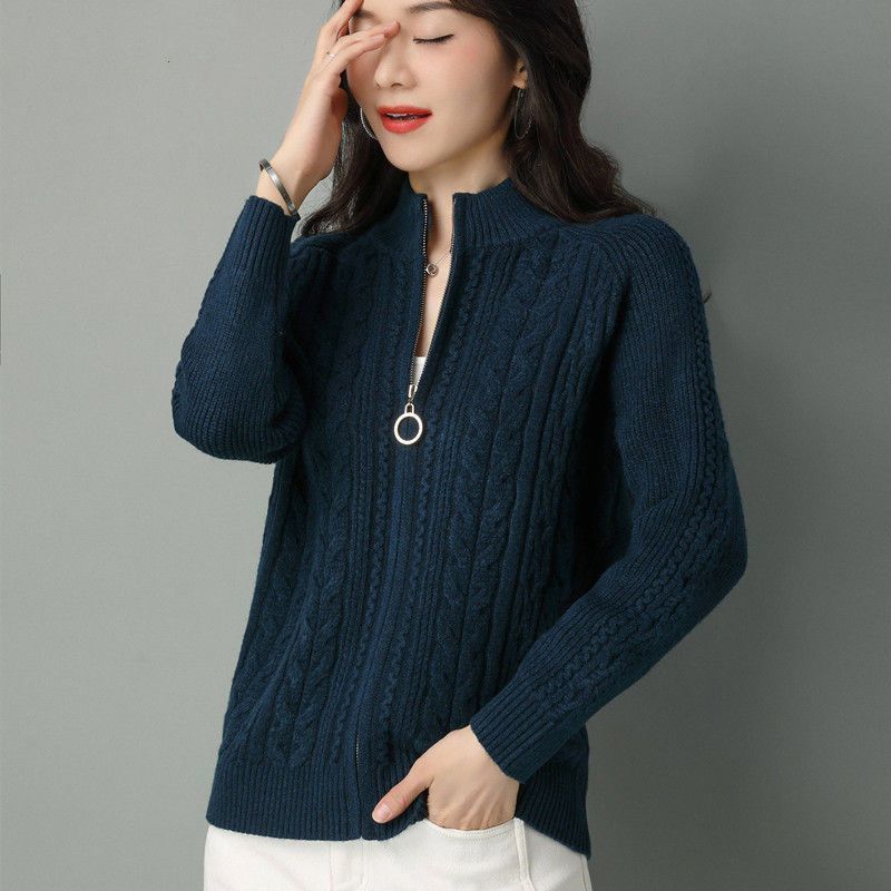 Women's Solid Color Zipper Sweater Loose Long Sleeve Jacket