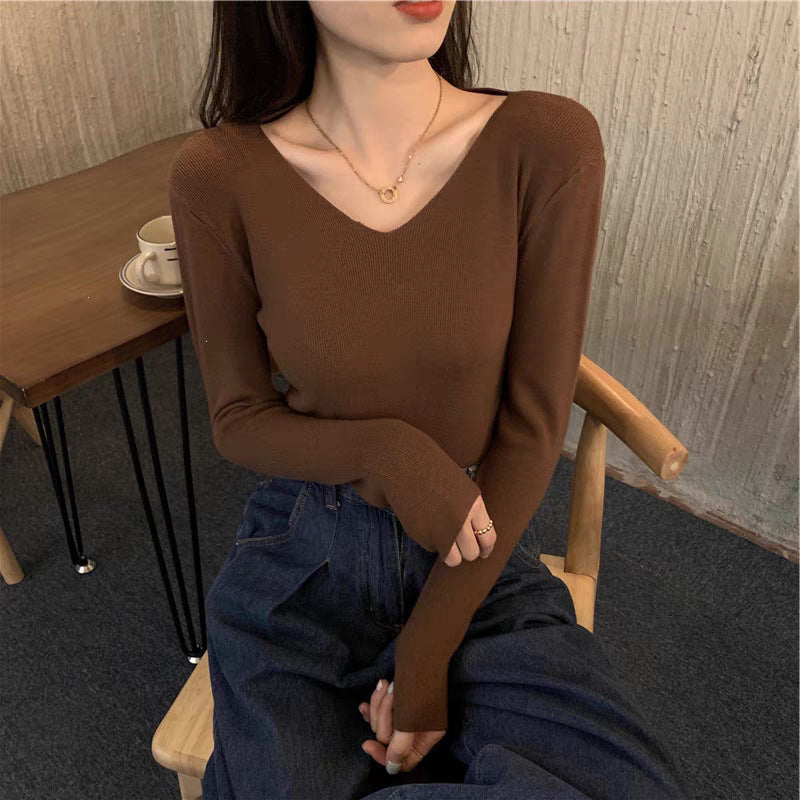 Core-spun Yarn Slim V-neck Long Sleeve Inner Wear Sweater