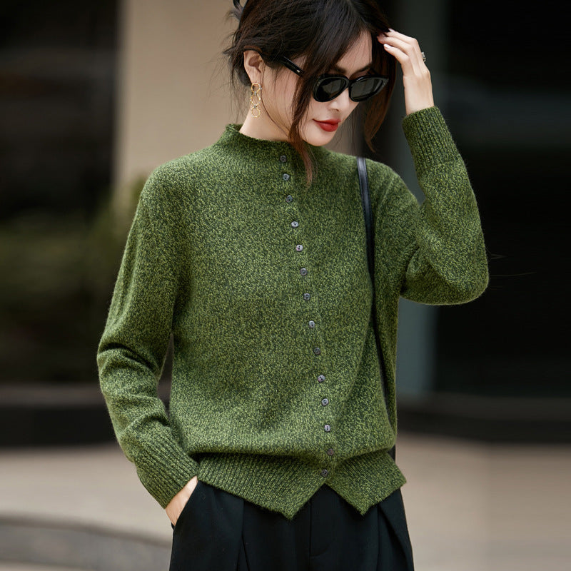 Machine Washable Half Turtleneck Arabesquitic Fabric Knitted Cardigan