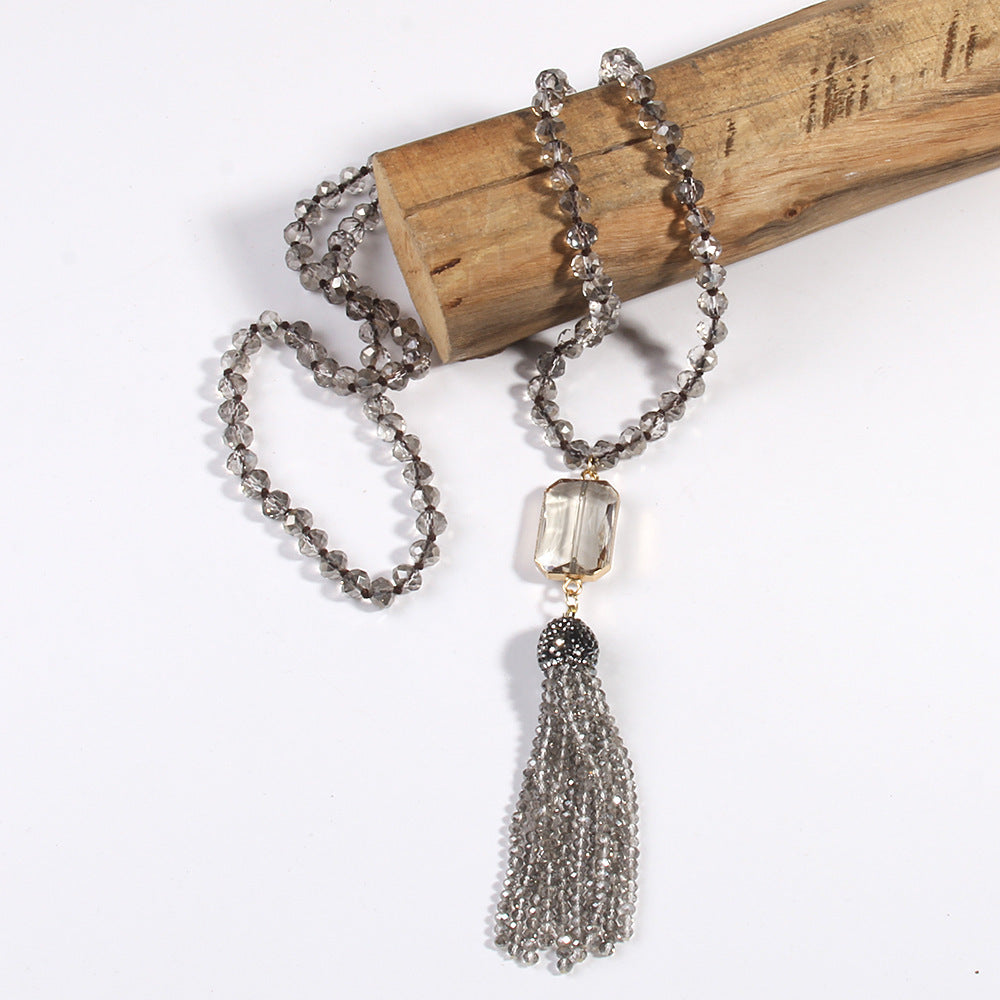 Crystal Glass Necklace Square Glass With Glass Tassel Necklace Sweater Chain