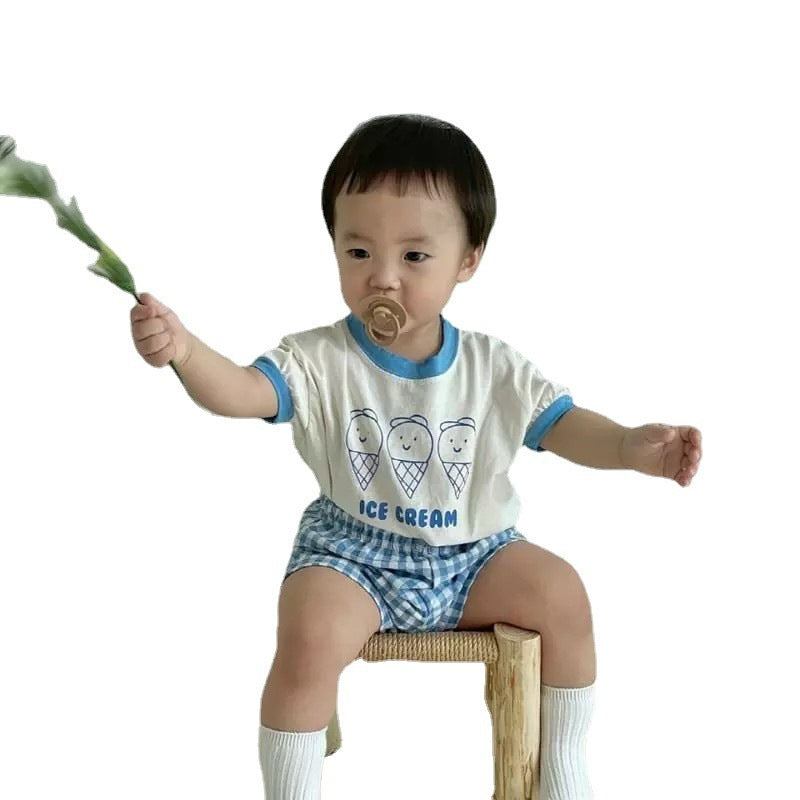 Children's Clothing Baby Ice Cream Plaid Short Sleeve Suit