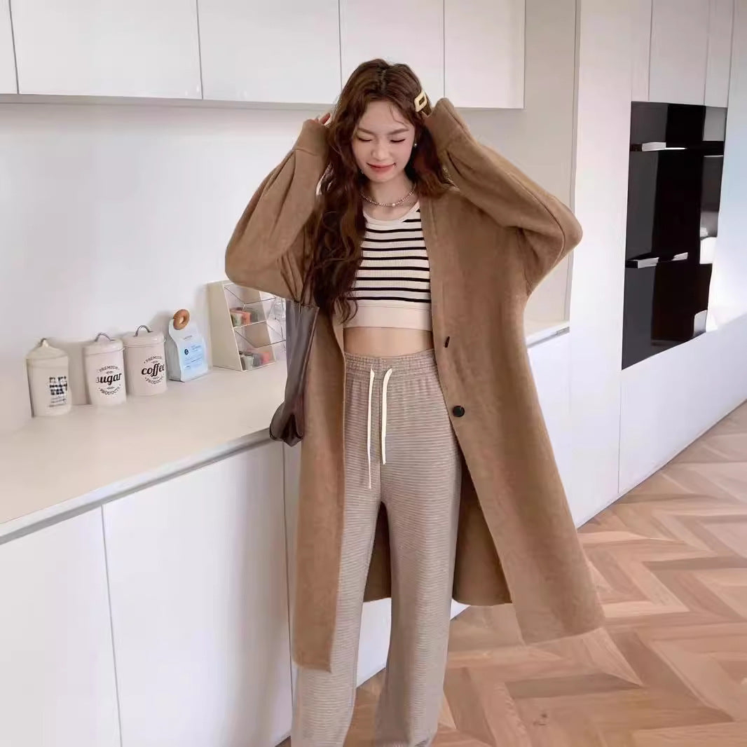 Button Solid Color Long Knitted Cardigan Sweater Coat