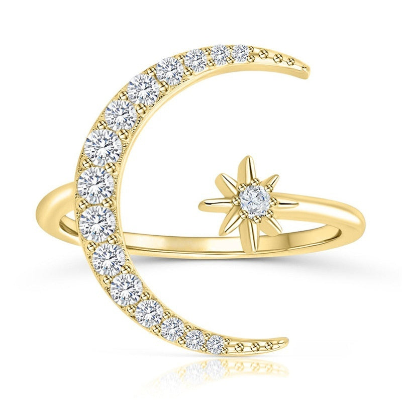 S925 Sterling Silver Star Moon Diamond Adjustable Opening Ring