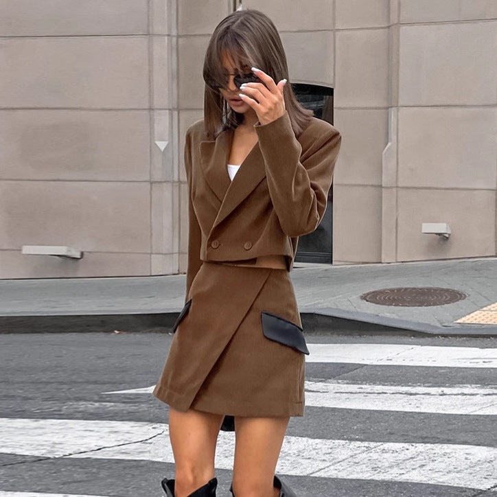 Fashion Casual Women's Short High Waist Color Stitching Irregular Skirt Two-piece Set