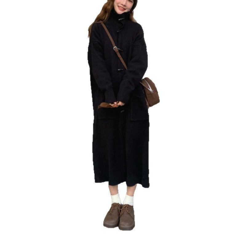 Horn Button Sweater Cardigan Women's Mid-length Turn-down Collar Coat