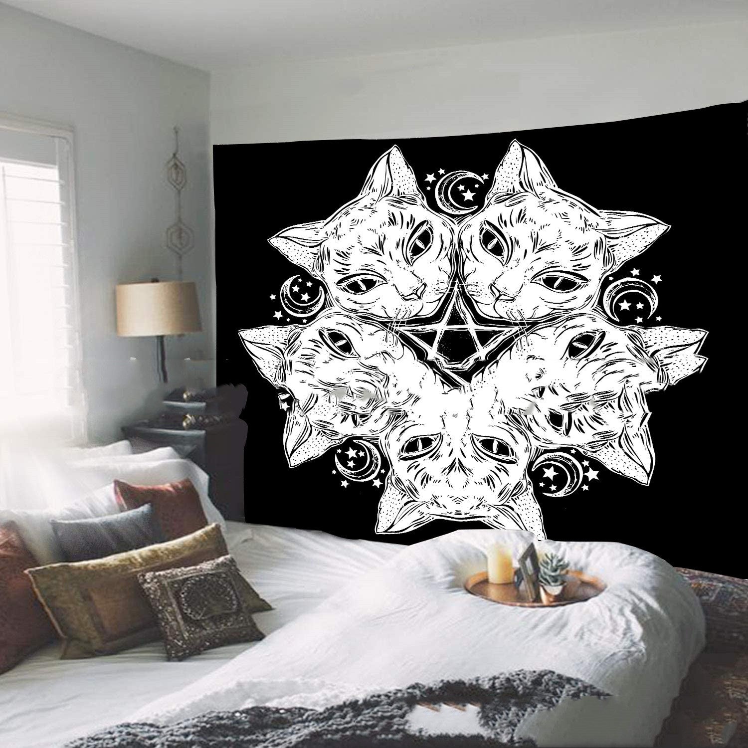 Magic Tapestry Hippie Cat Home Decor Black Cat Head Star