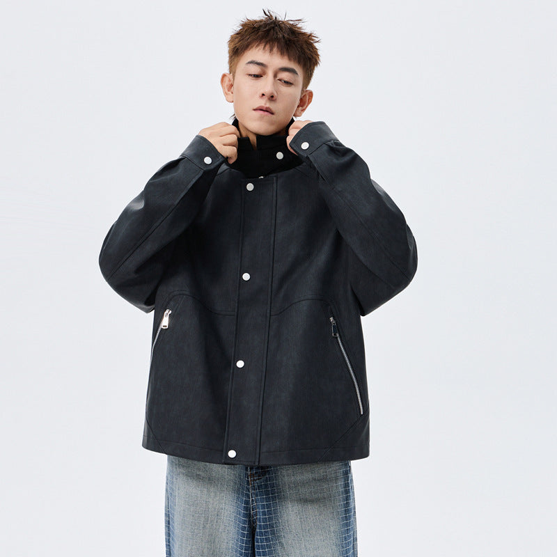 Large Size Men's PU Leather Coat Polo Collar Jacket