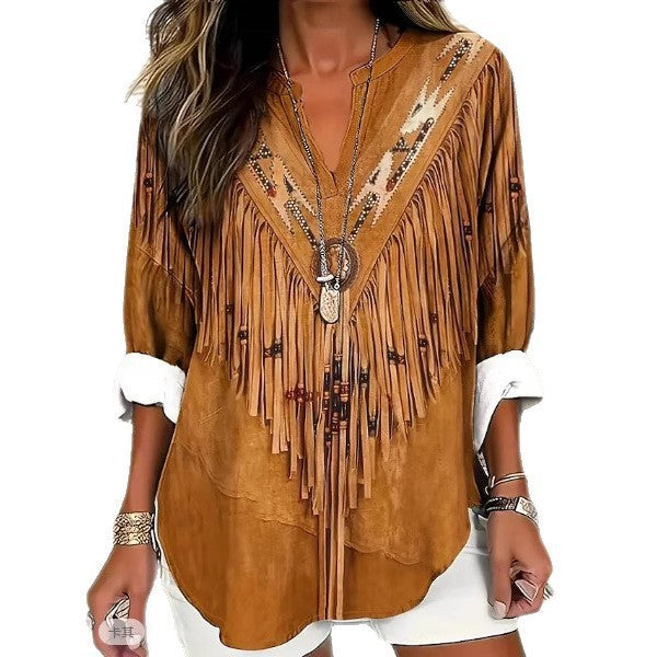 Summer Small V-neck Long-sleeved Casual Temperament Daily Vacation T-shirt Top