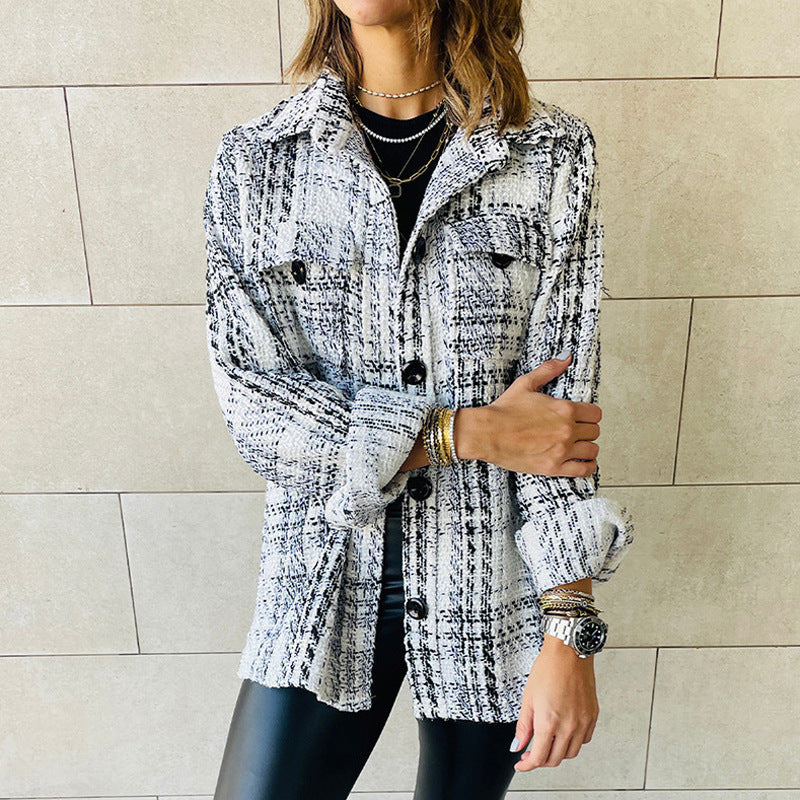 Women's Lapel Loose Button Long Sleeve Plaid Jacket