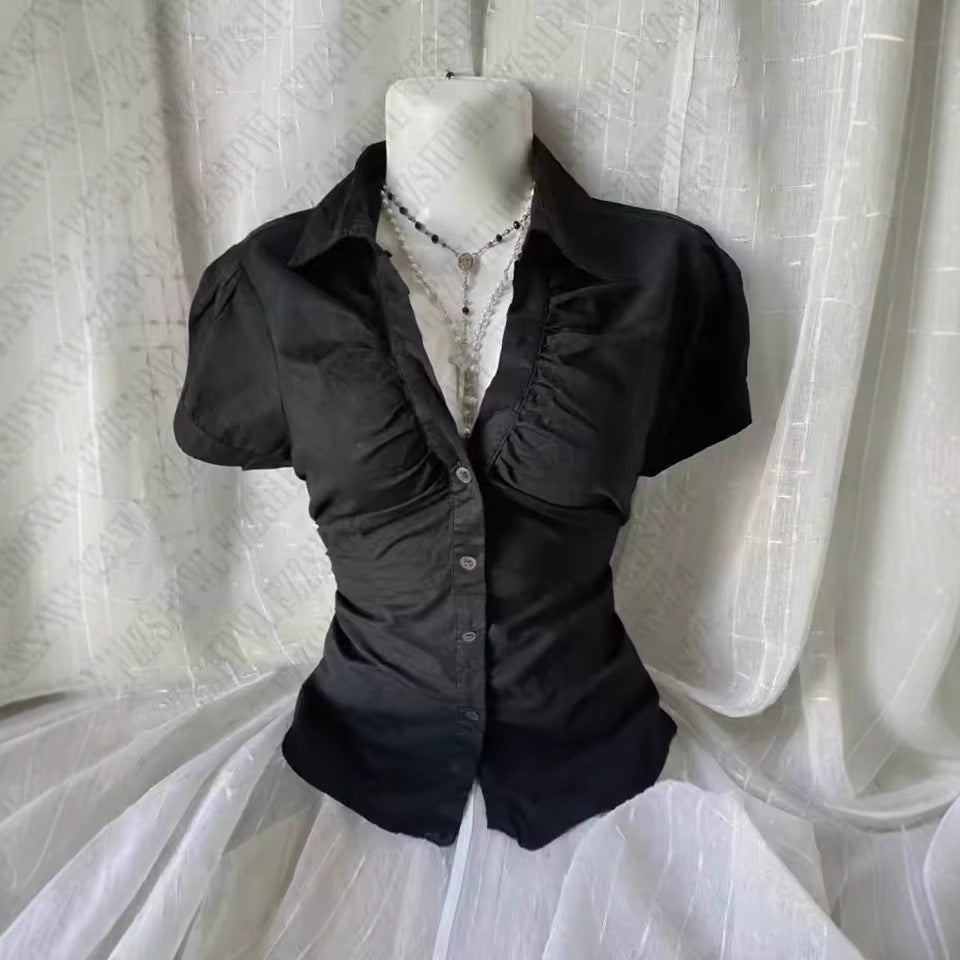 Graceful Collar Lapel Pleated Single-breasted Slim Fitted Waist Striped Solid Color Shirt