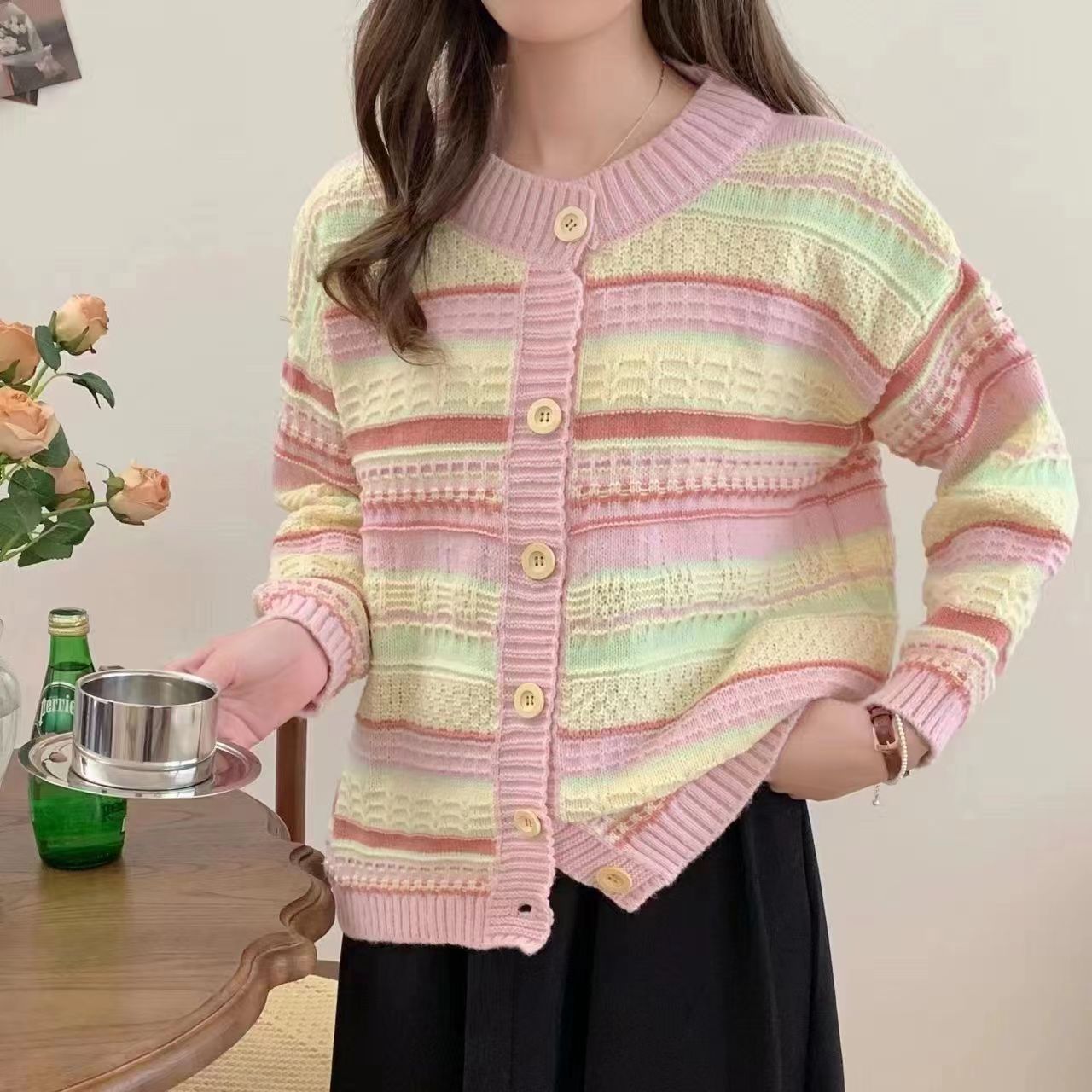 Women's Loose Striped All-matching Knitted Sweater Cardigan Coat
