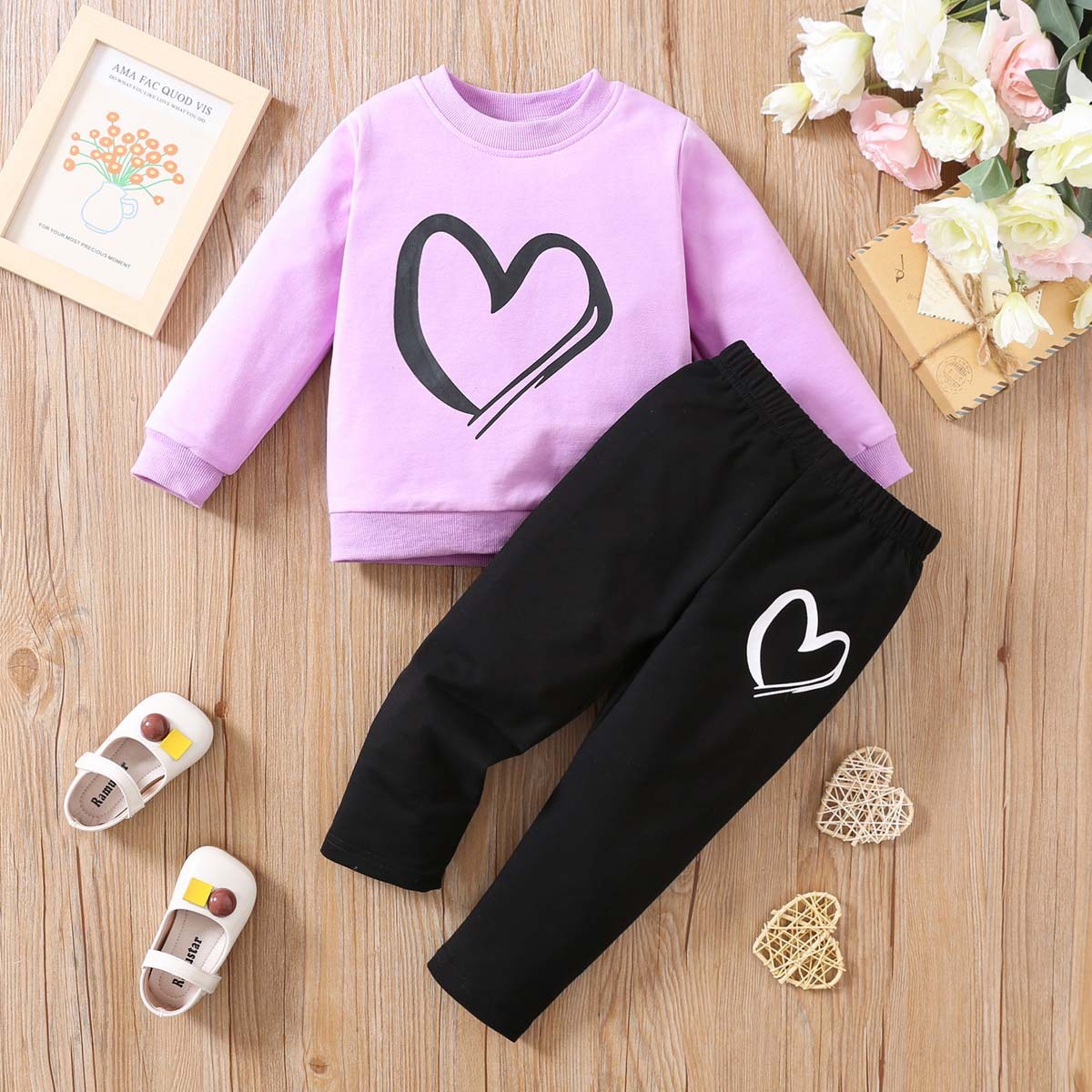 Heart Print Pullover Two-piece Set For Children's Clothing