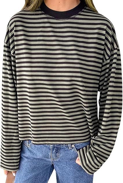 Casual Loose All-match Retro Contrast Color Striped Long-sleeved Top