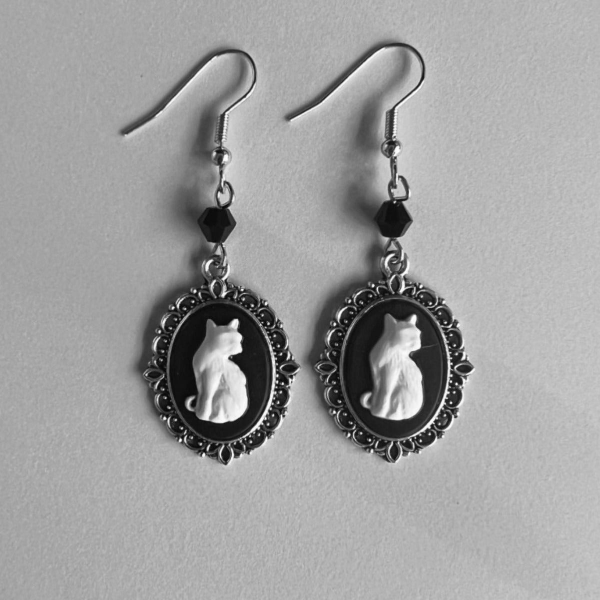 Gothic Black Cat Silver Frame Beads Earrings