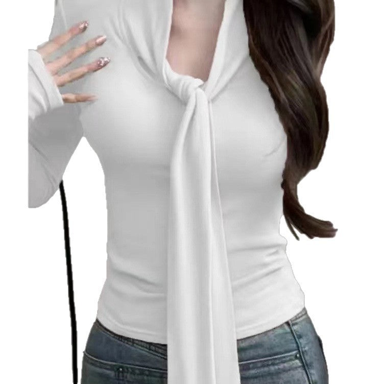 Pure Red V-neck Lace-up Bottoming Shirt