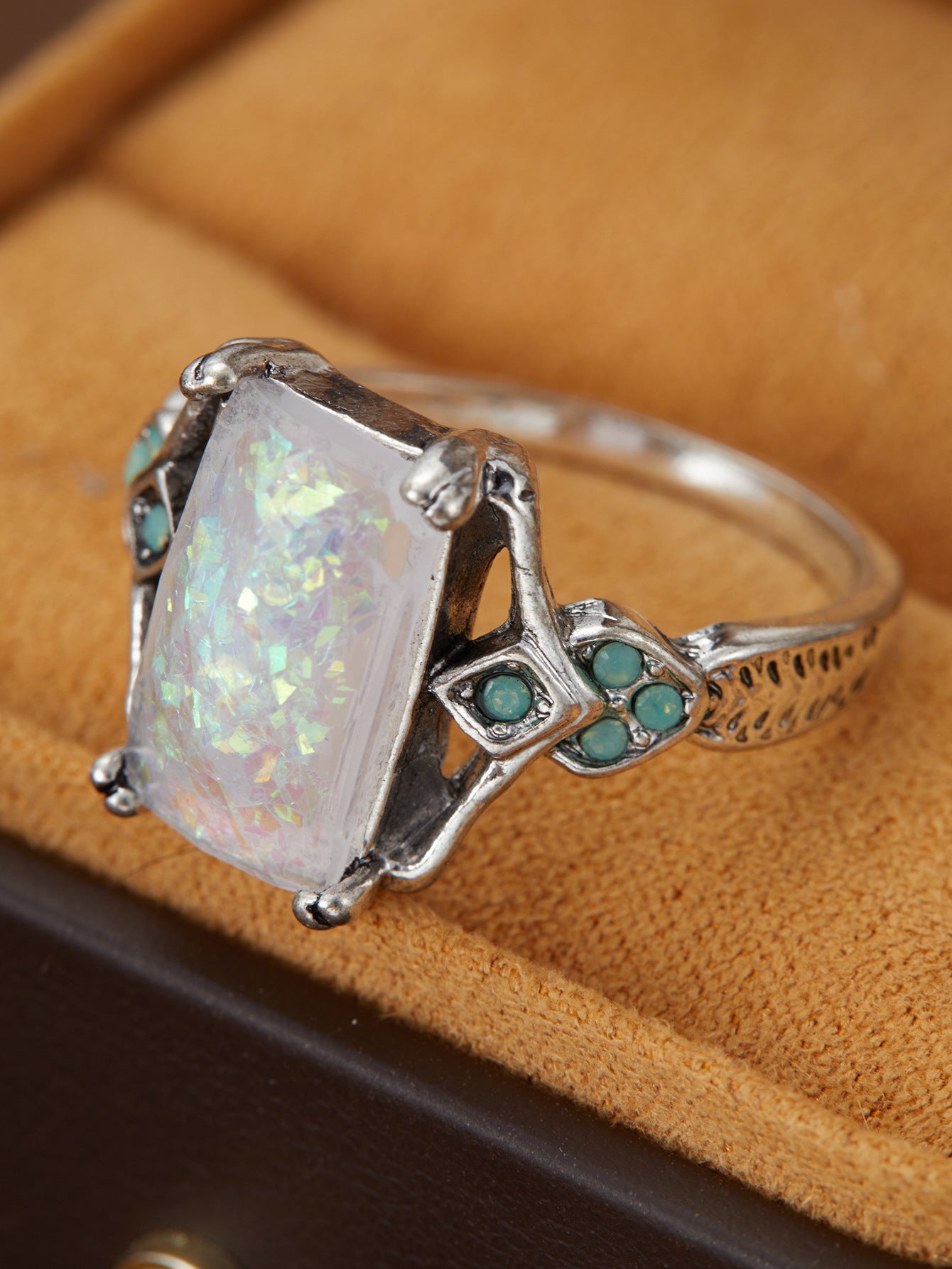 Rectangular White Opal Ancient Silver Ring Ornament