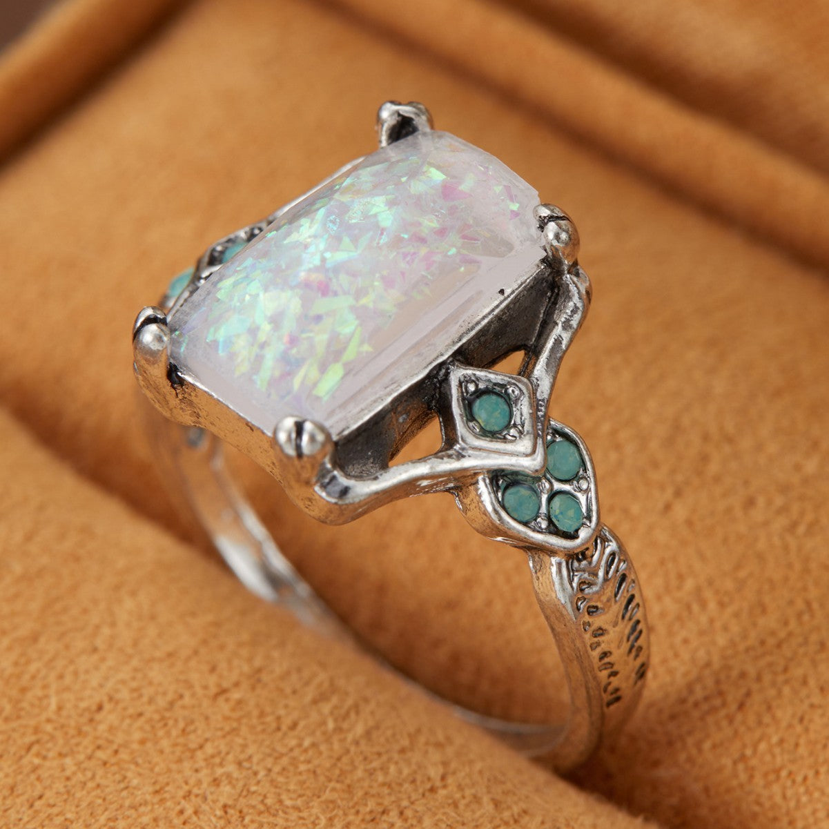 Rectangular White Opal Ancient Silver Ring Ornament