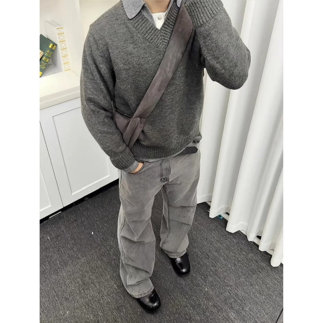 Vintage Fake Two-piece V-neck Sweater Men's Knitted Polo Shirt