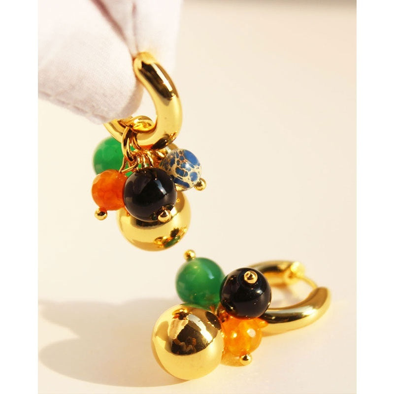High-grade Green Black Yellow Agate Contrast Color Gold Ball Earrings